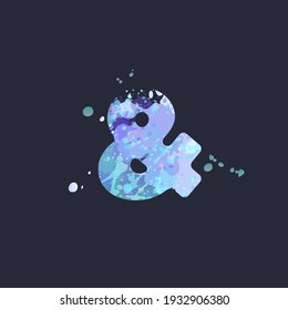 Ampersand with effect of liquid spots of paint in blue, white, purple colors on dark navy background. Decoration element for winter design of a flyer, poster, calendar, cover, title. Vector EPS10