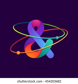 Ampersand logo with atoms orbits lines. Bright vector design for science, biology, physics, chemistry company.