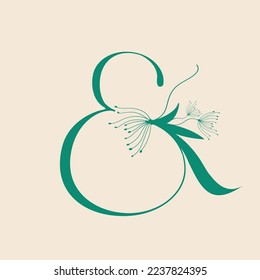 Das Logo von Ampersand. Dekorative kreative Kalligraphie-Ikone einzeln auf Lichtfonds. Symbol für Schönheit, Spa, Geschenkboutique, natürliche, frische Lebensmittel Marke. Alphabet anfänglich. Grünes Blatt, Pflanzen, Blume.