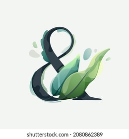 Ampersand Logo With Green Leaves In Clear Vector Watercolor Style. Serif Sans Font For Luxury Emblem, Botanical Identity, Ecology Projects, Wedding Invitations.