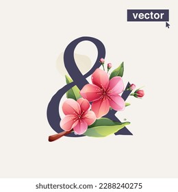Ampersand logo with Sakura blooming flowers. Vector realistic watercolor style. Pink cherry petals, bud, branch, and green leaves. Perfect for wedding invitations, greeting cards, Mother's Day posters