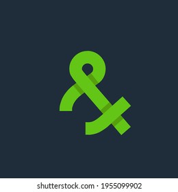 Ampersand logo.Typographic signature icon.Green color lettering sign isolated on dark fund.Alphabet initial.Clean, modern, deco, geometric style element.Overlapping shapes.