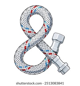 Marca de E comercial constituída por mangueira hidráulica entrançada curva com parafusos de conexão de torneira. Símbolo tipográfico que representa a canalização. Ilustração vetorial com traçados editáveis isolados no plano de fundo branco.