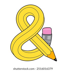 Ampersand mark made up of curved pencil with pink eraser. Stylized typographic symbol. Vector flat illustration with editable strokes isolated on white background.