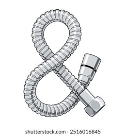 Ampersand mark made up of curved shower hose with connector screws. Typographic symbol representing sanitary engineering. Vector illustration with editable strokes isolated on white background.