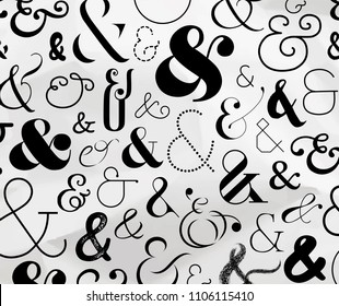 Ampersand pattern made from symbols drawing on crumpled paper background