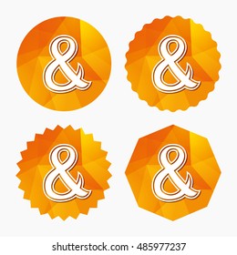 Ampersand sign icon. Programming logical operator AND. Wedding invitation symbol. Triangular low poly buttons with flat icon. Vector