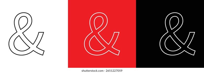 Ampersand Sign or And Symbol in Circle Icon of 3 Types : White Outline, Black Glyph and Green Color with Shadow, Isolated on White Background, Vector Image Template.