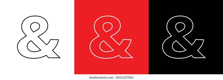 Ampersand Sign or And Symbol in Circle Icon of 3 Types : White Outline, Black Glyph and Green Color with Shadow, Isolated on White Background, Vector Image Template.