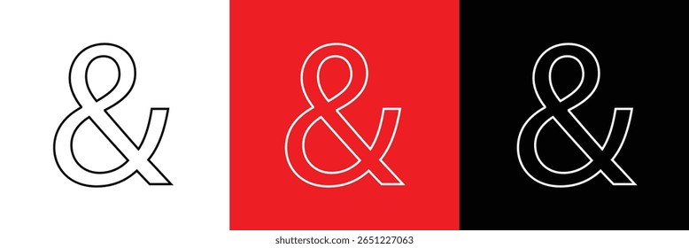 Ampersand Sign or And Symbol in Circle Icon of 3 Types : White Outline, Black Glyph and Green Color with Shadow, Isolated on White Background, Vector Image Template.