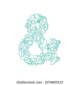Ampersand sign symbol Vegetable pattern set illustration kids hand drawing concept design green color, isolated on white background, vector eps 10