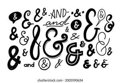 Ampersand Signs, Monochrome Font Symbols Isolated on White Background. Elegant Script, Calligraphy Design Elements for Invitation, Greeting Cards, Glyph, Letter Writing, Vector Illustration, Set