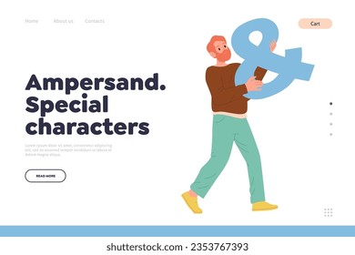 Ampersand special character landing page design template with man holding punctuation symbol