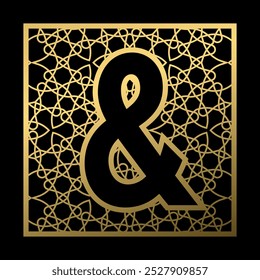 Ampersand symbol is carved in vintage patterned square on black background. Golden monogram in vintage style.