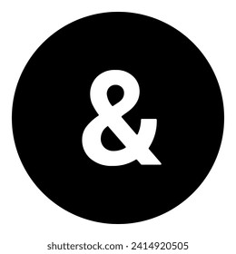 A ampersand symbol in the center. Isolated white symbol in black circle. Vector illustration on white background