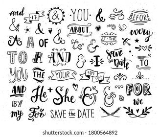 Ampersands and catchwords vector clipart set. Hand drawn calligraphic elements. Beautiful decorative symbols isolated on white background