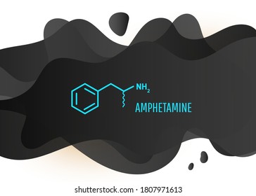 Amphetaminformel mit flüssiger, flüssiger schwarzer Form auf weißem Hintergrund. Medizinische chemische Formel eines gefährlichen Medikaments.
