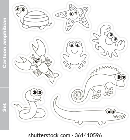 Amphibian colorless set  in vector. Under water animals and amphibians. Coloring book for children.