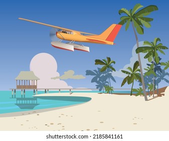 Das Amphibienflugzeug fliegt über ein Hotel auf einer Insel. Vektorgrafik.