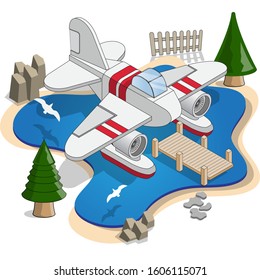 Amphibian seaplane. Isometric. Isolated on white background. Vector illustration.