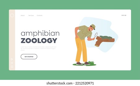 Amphibian Zoology Landing Page Template. Scientist Explore Fauna Creatures in Natural Habitat. Zoologist Male Character Looking on Lizard through Magnifying Glass. Cartoon People Vector Illustration