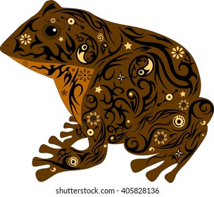  amphibious sits, an animal with design, the inhabitant of a bog, the painted being, the wild nature, the vector image of a frog is decorated with drawing,  
