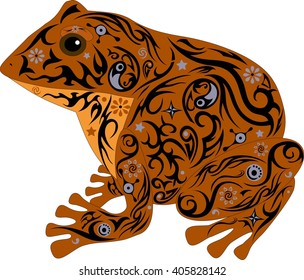  amphibious sits, an animal with design, the inhabitant of a bog, the painted being, the wild nature, the vector image of a frog is decorated with drawing,  