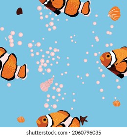 Amphiprion, sea inhabitants seamless pattern, beautiful character among seashells, algae, starfish, marine wildlife. Orange bright sea dweller clown fish surrounded