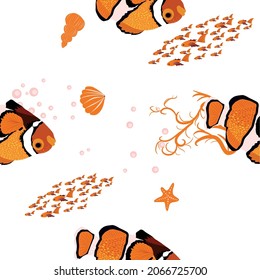 Amphiprion, sea inhabitants seamless pattern, beautiful character among seashells, algae, starfish, marine wildlife. Orange bright sea dweller clown fish surrounded