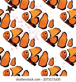 Amphiprion, sea inhabitants seamless pattern, beautiful character among seashells, algae, starfish, marine wildlife. Orange bright sea dweller clown fish surrounded