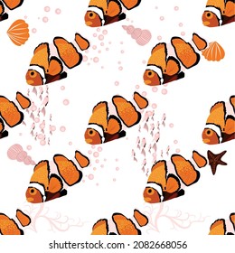 Amphiprion, sea inhabitants seamless pattern, beautiful character among seashells, algae, starfish, marine wildlife. Orange bright sea dweller clown fish surrounded