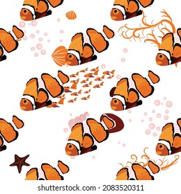 Amphiprion, sea inhabitants seamless pattern, beautiful character among seashells, algae, starfish, marine wildlife. Orange bright sea dweller clown fish surrounded