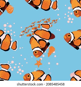 Amphiprion, sea inhabitants seamless pattern, beautiful character among seashells, algae, starfish, marine wildlife. Orange bright sea dweller clown fish surrounded