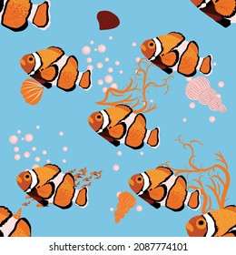 Amphiprion, sea inhabitants seamless pattern, beautiful character among seashells, algae, starfish, marine wildlife. Orange bright sea dweller clown fish surrounded