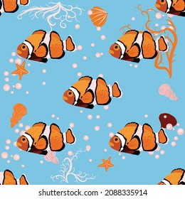 Amphiprion, sea inhabitants seamless pattern, beautiful character among seashells, algae, starfish, marine wildlife. Orange bright sea dweller clown fish surrounded