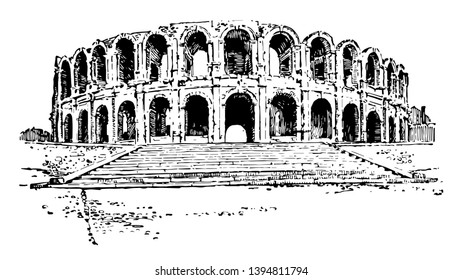 Amphitheater of Arles a Roman amphitheatre in the southern French town Roman amphitheatre is probably the most prominent tourist attraction vintage line drawing or engraving illustration.