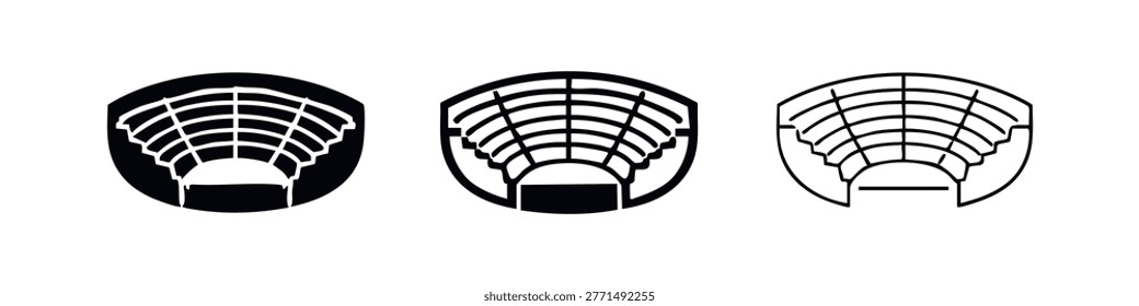 Amphitheater or Auditorium Icon Set - Solid, Outline, and Detailed Line Art Vector Illustrations