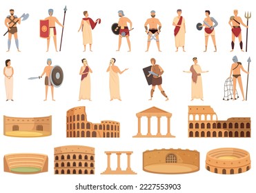 Amphitheater icons set cartoon vector. Italy arena. Ancient building