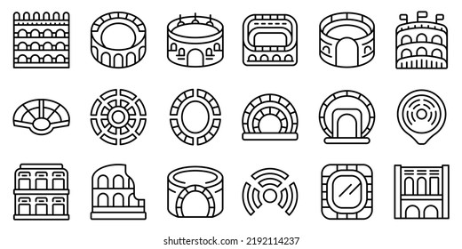Los iconos del anfiteatro establecen el vector de contorno. Arena italia. Edificio de arquitectura