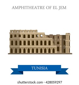 Amphitheatre of El Jem in Tunisia. Flat cartoon style historic sight showplace attraction web site vector illustration. World countries cities vacation travel sightseeing Africa collection.