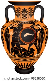 Amphora, Ancient Greece Black-figure Vase Painting Hoplite Battle Vector Images, Ceramic Pottery For The Vine And Olive Oil