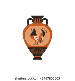 Amphora. Ancient Greek round pitcher featuring a rooster design, combining history and rustic style for interior design elements. Vector illustration in flat style on isolated background.