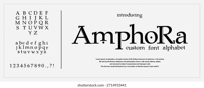 AmphoRa es una fuente de exhibición de serif de inspiración egipcia antigua con cortes angulares y detalles ornamentales históricos. fuente de exhibición inspirada con formas de serif angulares, perfecta para diseños históricos, místicos y culturales.