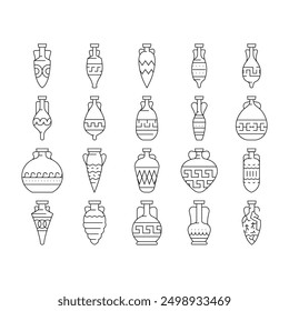 Conjunto de iconos de tarro de loza antigua de ánfora Vector. Cerámica Tradicional Griega Medieval Y Tarro De Cerámica, Estilo Elegante Y Agrietado. Contenedor Para Agua Y Bebida Alcohólica Ilustraciones De Contorno Negro