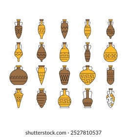 Amphora Antique Earthenware Jar Icons Set Vector. Greek Traditional Medieval Pottery And Ceramic Jar, Elegant Style And Cracked. Container For Water And Alcoholic Drink color Contour Illustrations