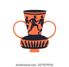 Amphora, classic ancient Greek vase. Antique pottery with black-figure decoration, painting, traditional patterns. Historical old ceramic pot. Flat vector illustration isolated on white background