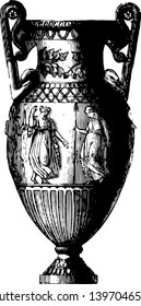 Amphora is a Grecian vase with two handles often seen on medals vintage line drawing or engraving illustration.