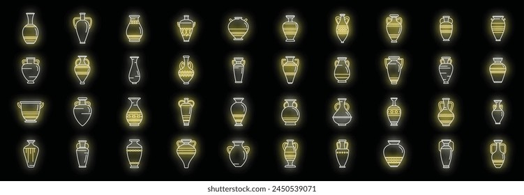 Amphora icons set outline vector. Vase pottery. Greek jar neon color on black