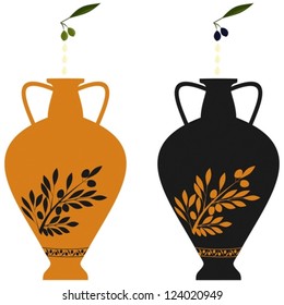 Amphora with image of olive branch, stylization to an antic pottery and natural olives