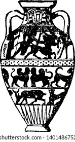 Amphora are jars with narrow necks and two handles used by ancient Greeks for transporting oil or wine descending from at least as early as the Neolithic Period vintage line drawing or engraving